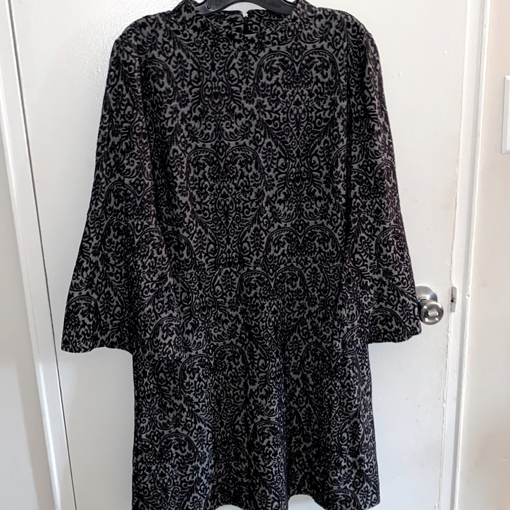 LOFT black damask print A-line long sleeved dress